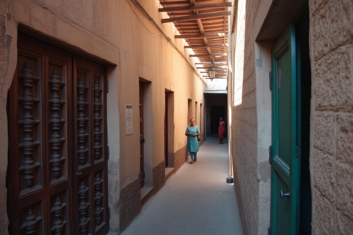 Narrow alley with carved wooden doors in Stone Town, Zanzibar