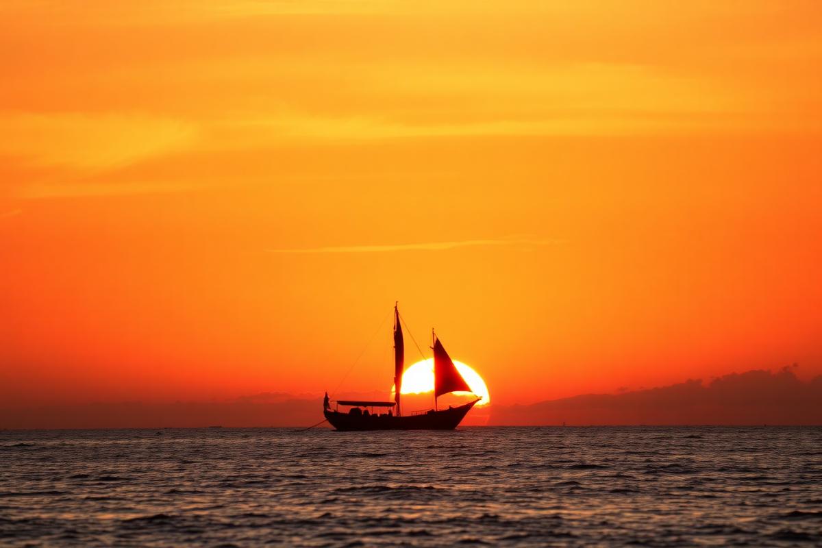 Dhow sailing at sunset off the north coast of Zanzibar